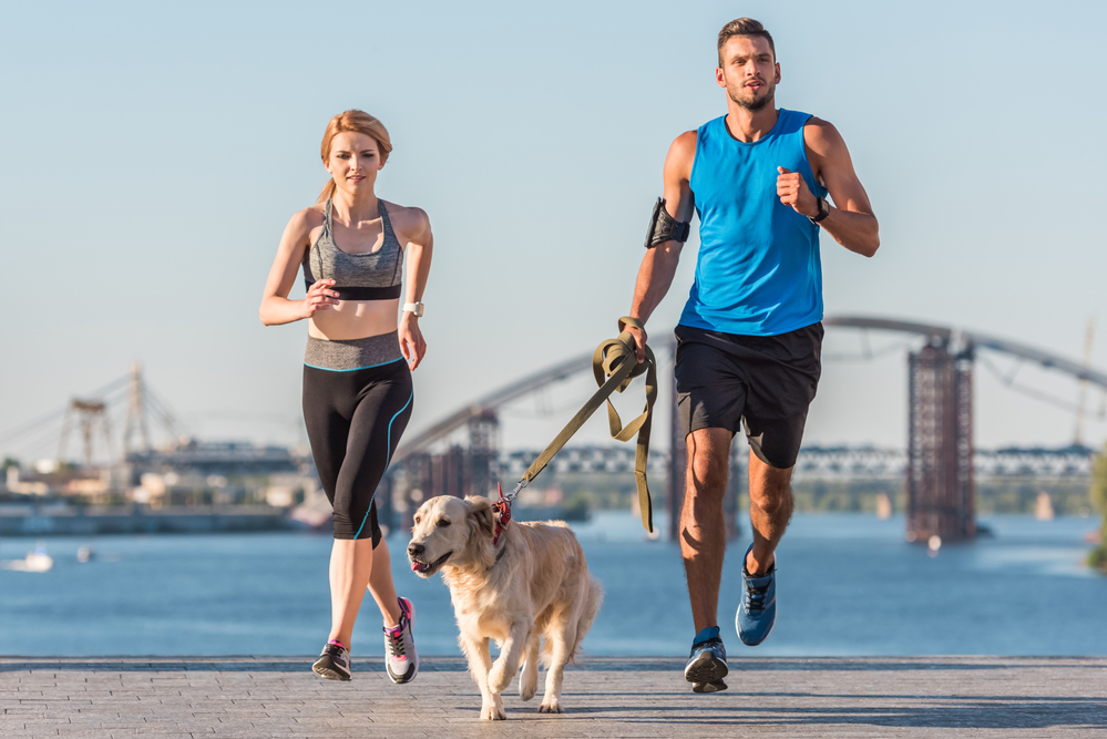 Sports couple jogging with dog