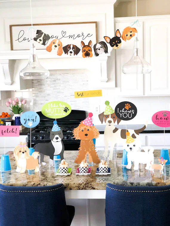 A well-decorated room with pet-themed birthday decorations